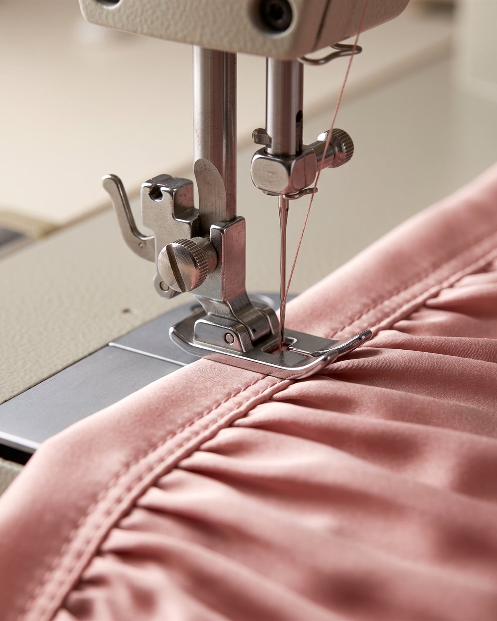 An industrial sewing machine closing a seam on blush satin
