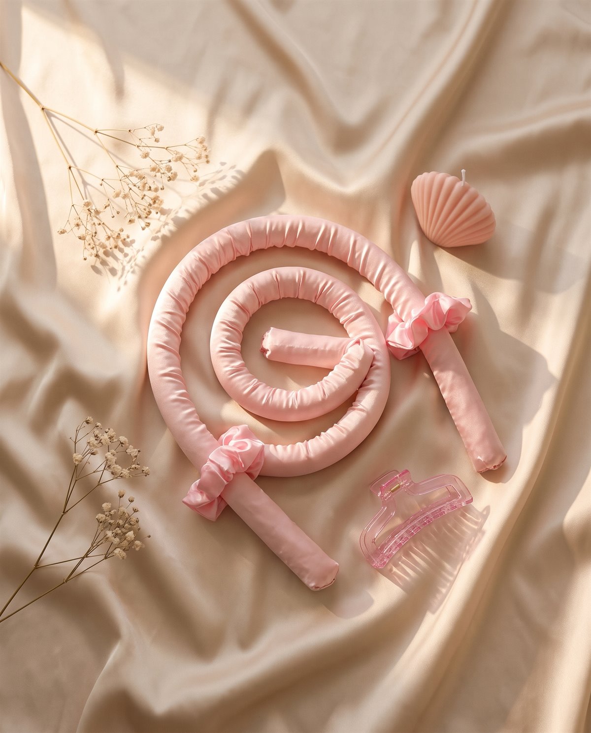 The Lunelle heatless curling kit laid out on satin: the padded rod, two scrunchies and the claw clip