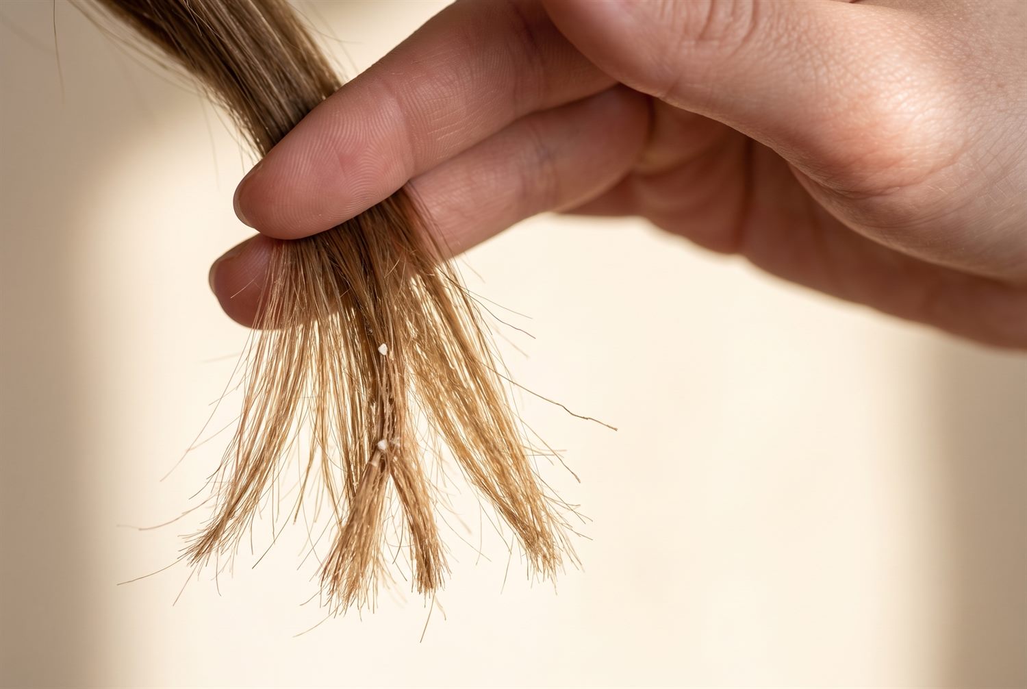 Close-up of heat-damaged hair: dry, frayed ends with visible splits