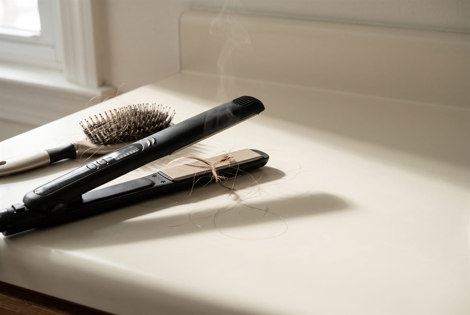 A straightener left open on a bathroom counter with broken strands caught in the plates